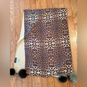 Talk Of The Walk Leopard Print Scarf w/Real Fox Fur Pom Poms
